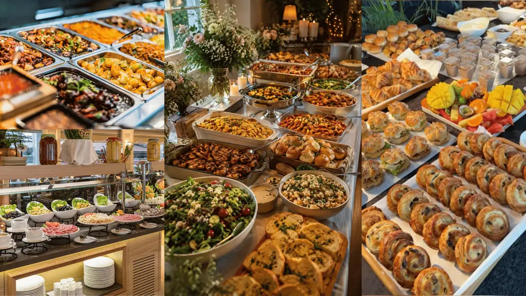 Reich bestücktes Frühstücksbuffet mit warmen Speisen, Salaten, Gebäck und frischem Obst